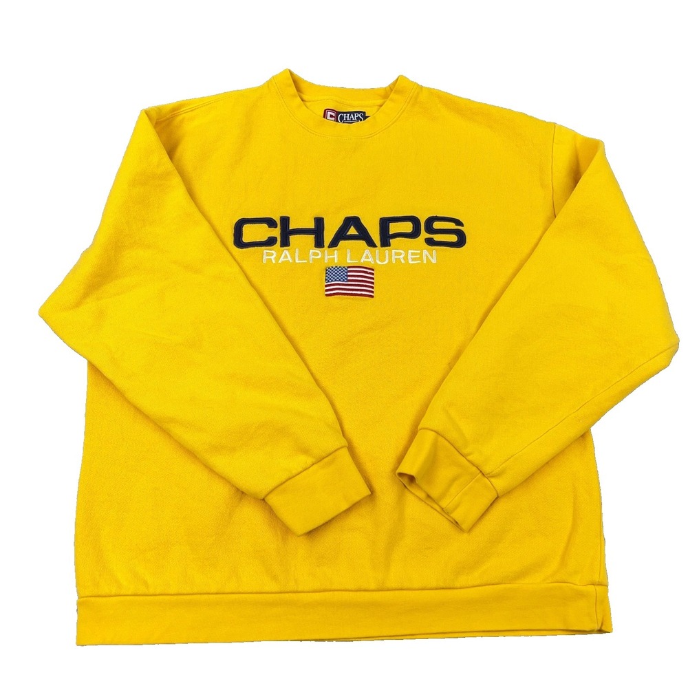Vintage‎ Chaps Ralph Lauren Sweatshirt Men Medium Yellow USA Flag Sweater Y2K *